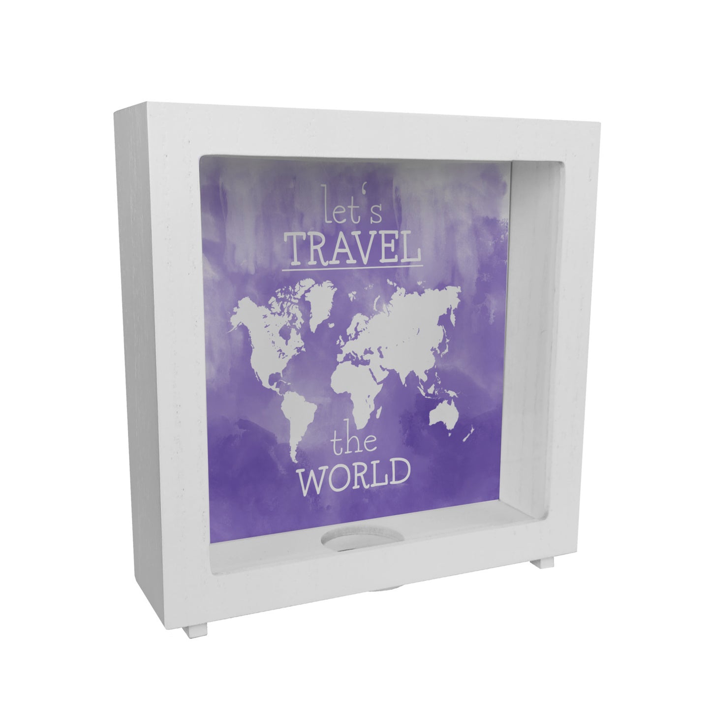 Rahmen Spardose aus Holz mit Weltkarten Motiv und Text - let's travel the world in Lila