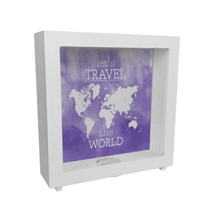 Rahmen Spardose aus Holz mit Weltkarten Motiv und Text - let's travel the world in Lila