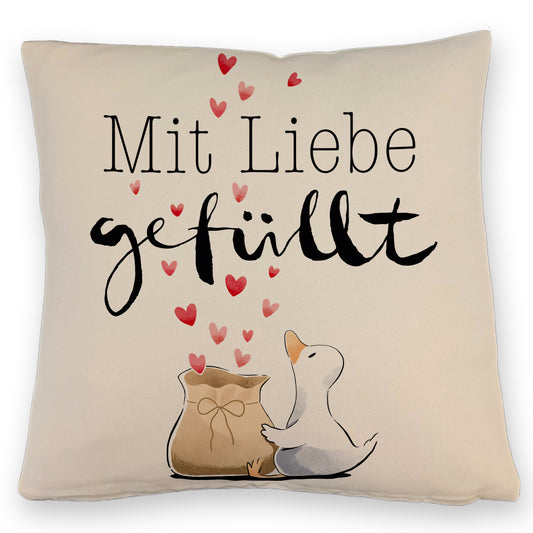 Ente Kissen mit Leinenoptik mit Spruch Mit Liebe gefüllt