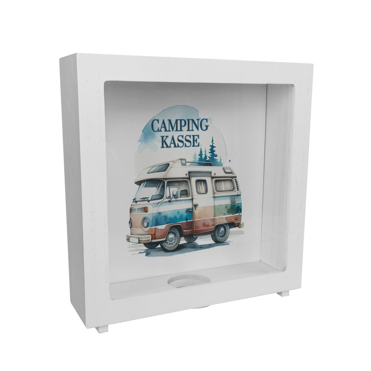 Campingwagen Rahmen Spardose aus Holz mit Spruch Campingkasse