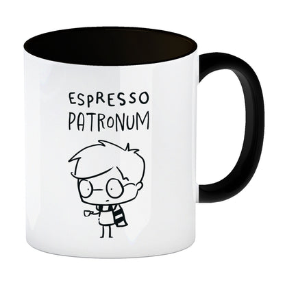 Zauberer mit Espresso Kaffeebecher in schwarz mit Spruch Espresso Patronum