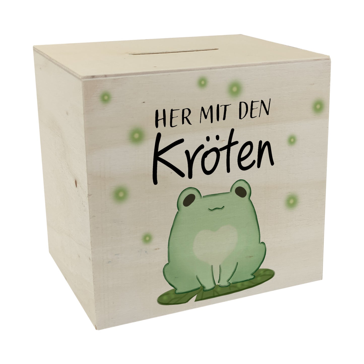 Frosch Spardose aus Holz mit Spruch Her mit den Kröten