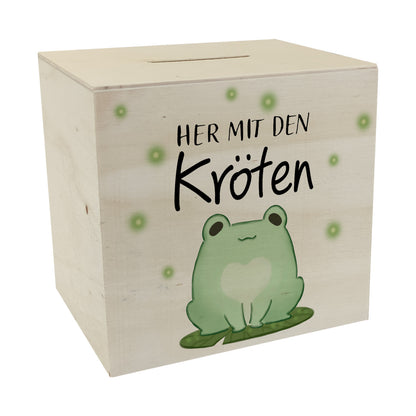 Frosch Spardose aus Holz mit Spruch Her mit den Kröten