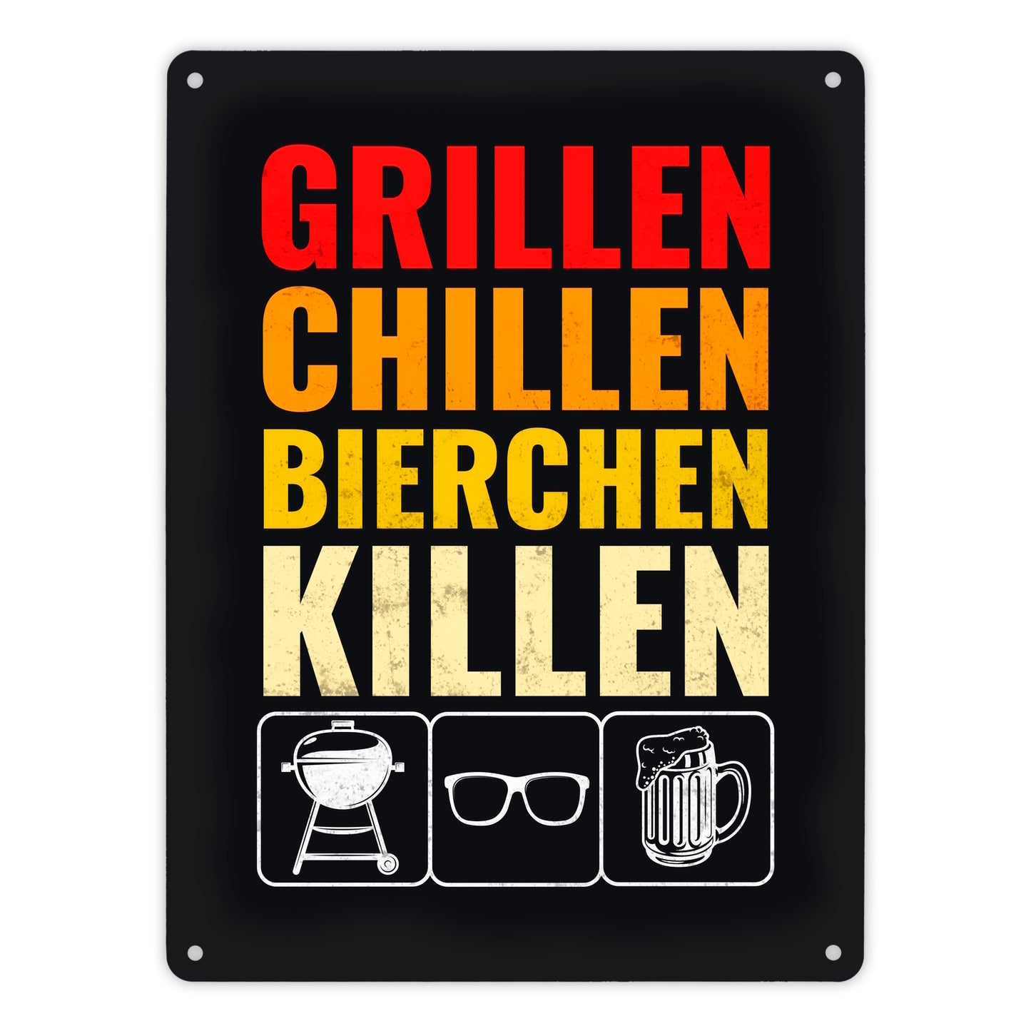 Grillen, Chillen, Bierchen Killen Metallschild XL mit Grill-, Sonnenbrille- und Biermotiv