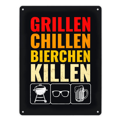 Grillen, Chillen, Bierchen Killen Metallschild XL mit Grill-, Sonnenbrille- und Biermotiv