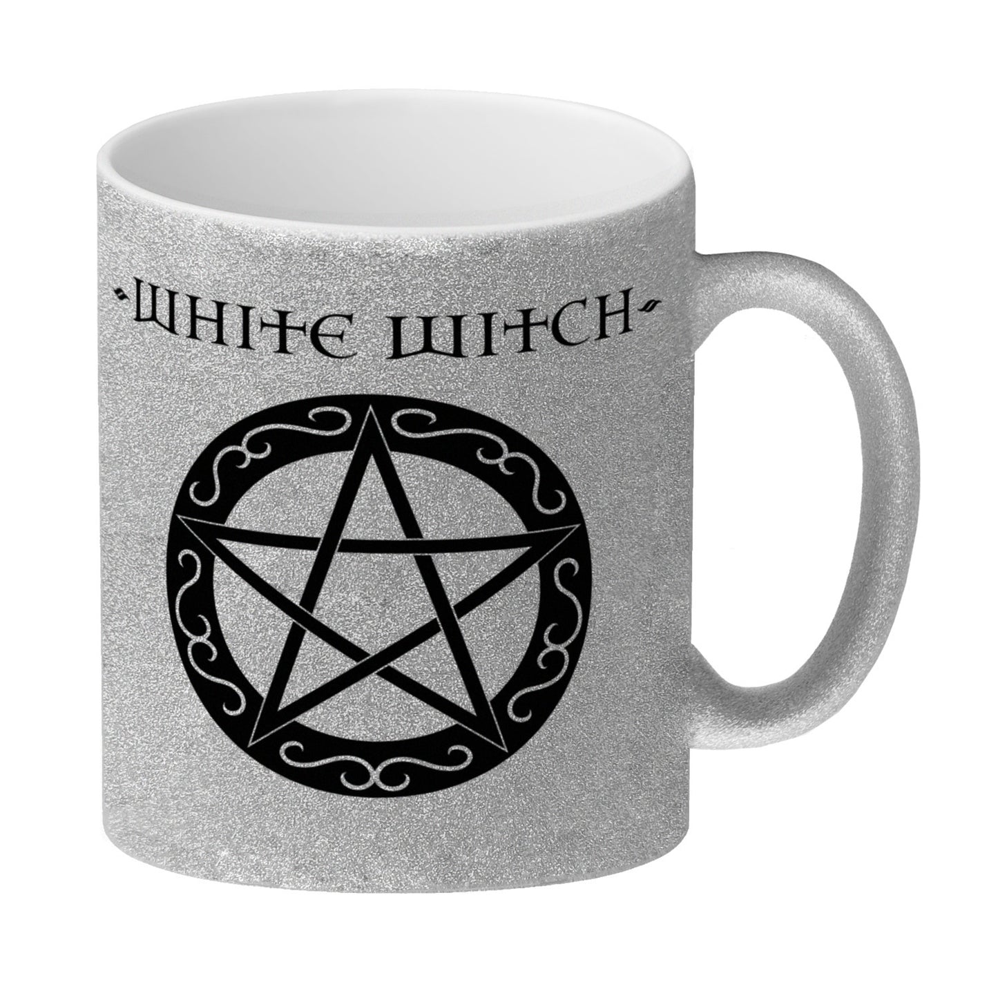 Glitzer-Kaffeebecher mit magischen Pentagrammen und Spruch - White Witch - Dark Witch