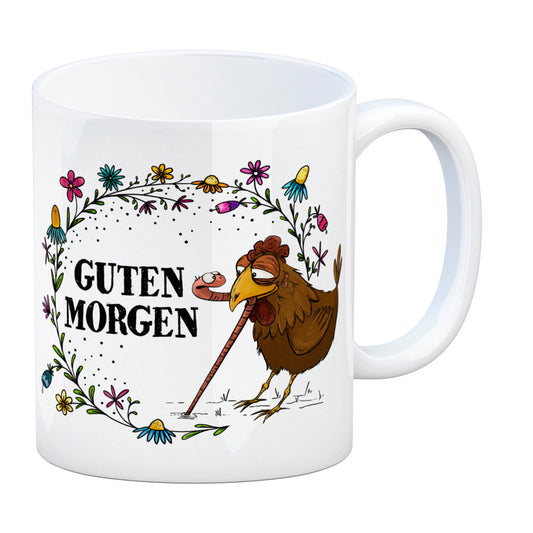 Guten Morgen Kaffeebecher mit Huhn und Wurm Motiv