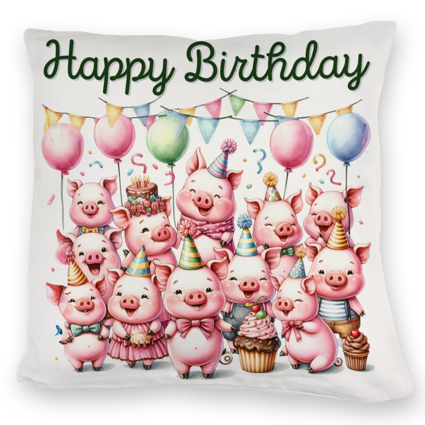 Schweine Party Kuschelkissen mit Spruch Happy Birthday