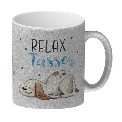 Relaxter Hund Glitzer-Kaffeebecher mit Spruch Relax Tasse