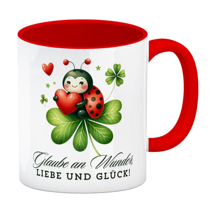 Marienkäfer Kaffeebecher in rot mit Spruch Glaube an Wunder, Liebe und Glück!