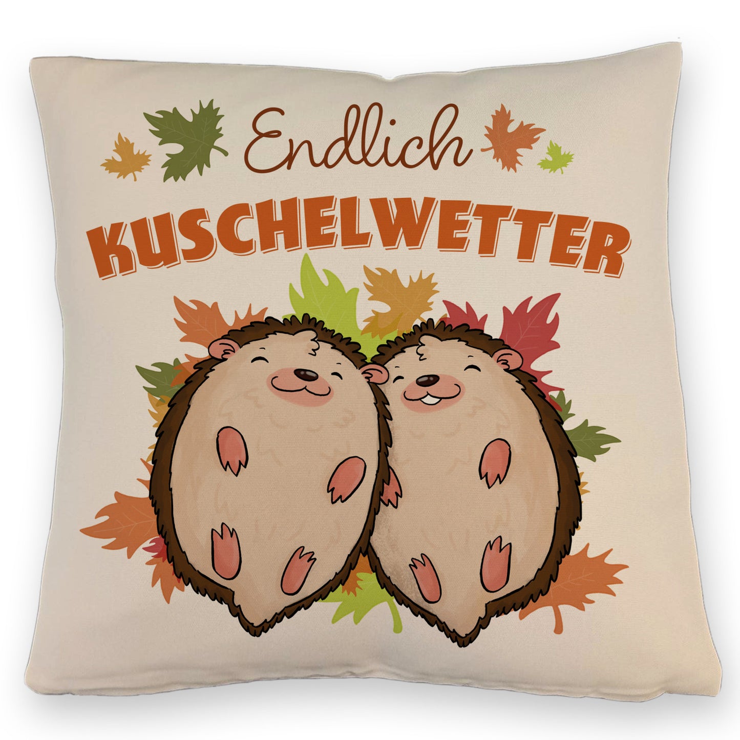 Endlich Kuschelwetter herbstliches Kissen mit Leinenoptik mit Igelpaar