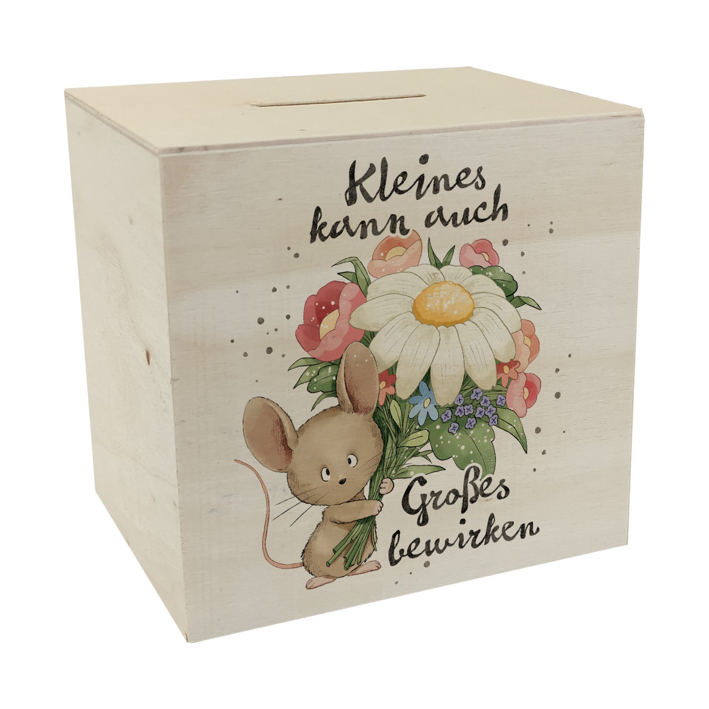 Maus Spardose aus Holz mit Spruch Kleines kann auch Großes bewirken