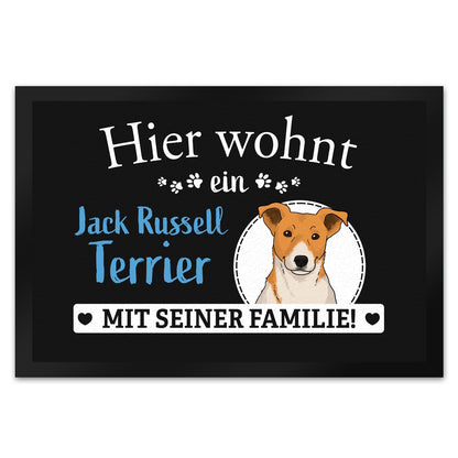 Hier wohnt ein Jack Russell Terrier mit seiner Familie Fußmatte XL in 40x60 cm