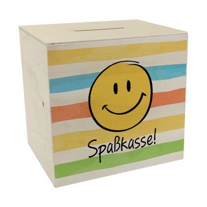 Emoticon Spardose aus Holz mit Spruch Spaßkasse