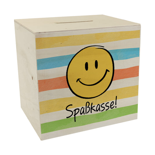 Emoticon Spardose aus Holz mit Spruch Spaßkasse