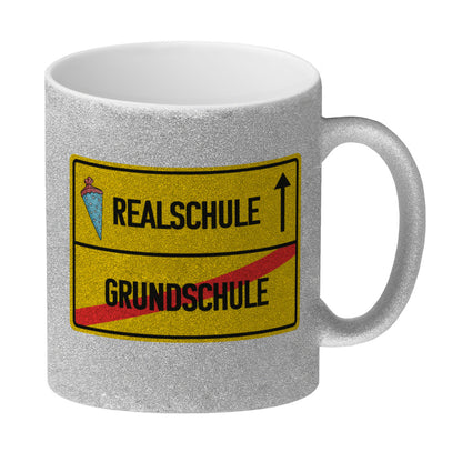 Realschule Ortsschild Glitzer-Kaffeebecher zur Einschulung