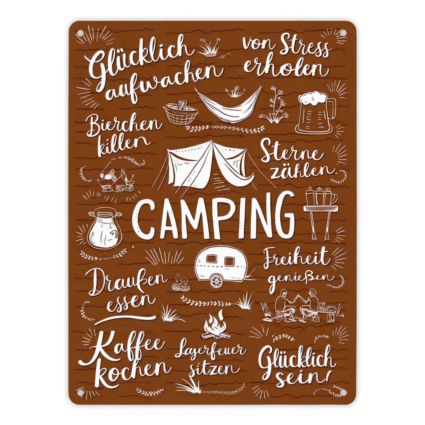 Camping Metallschild XL in 21x28 cm mit Spruch Glücklich sein, Freiheit genießen, Sterne zählen