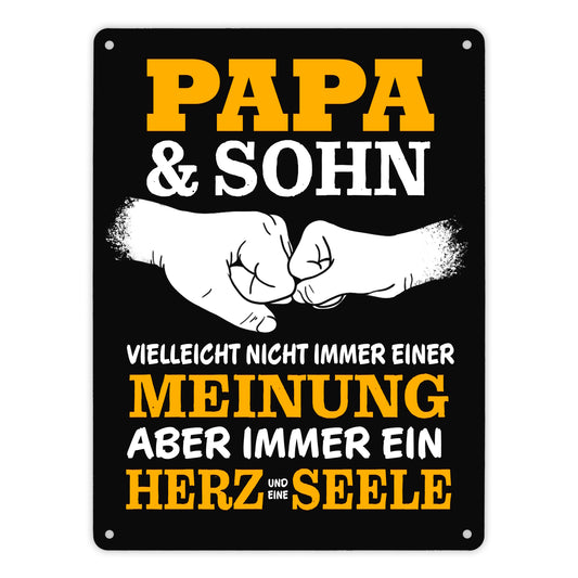 Papa & Sohn, ein Herz und eine Seele Metallschild XL in 21x28 cm mit Spruch in gelb