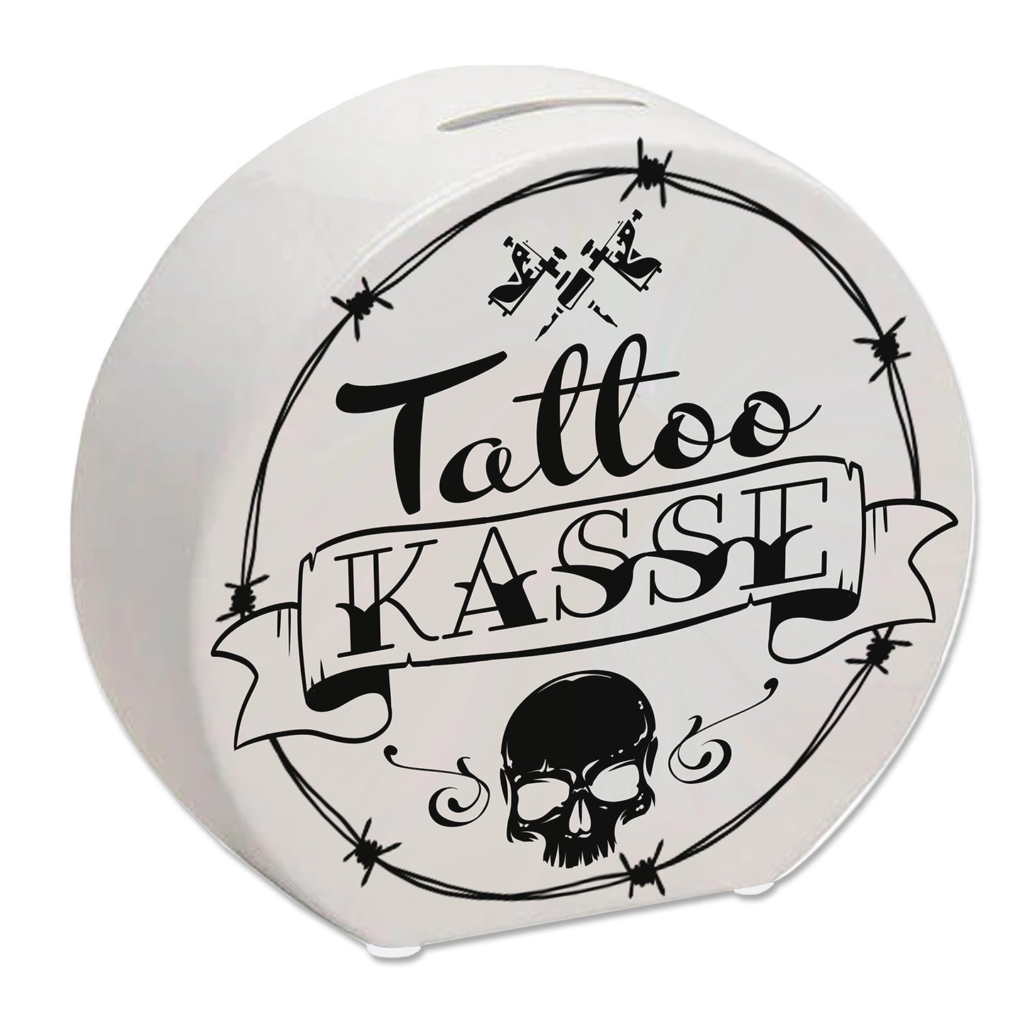 Spardose aus Keramik mit coolen Tattoo-Motiven in weiß - Tattookasse