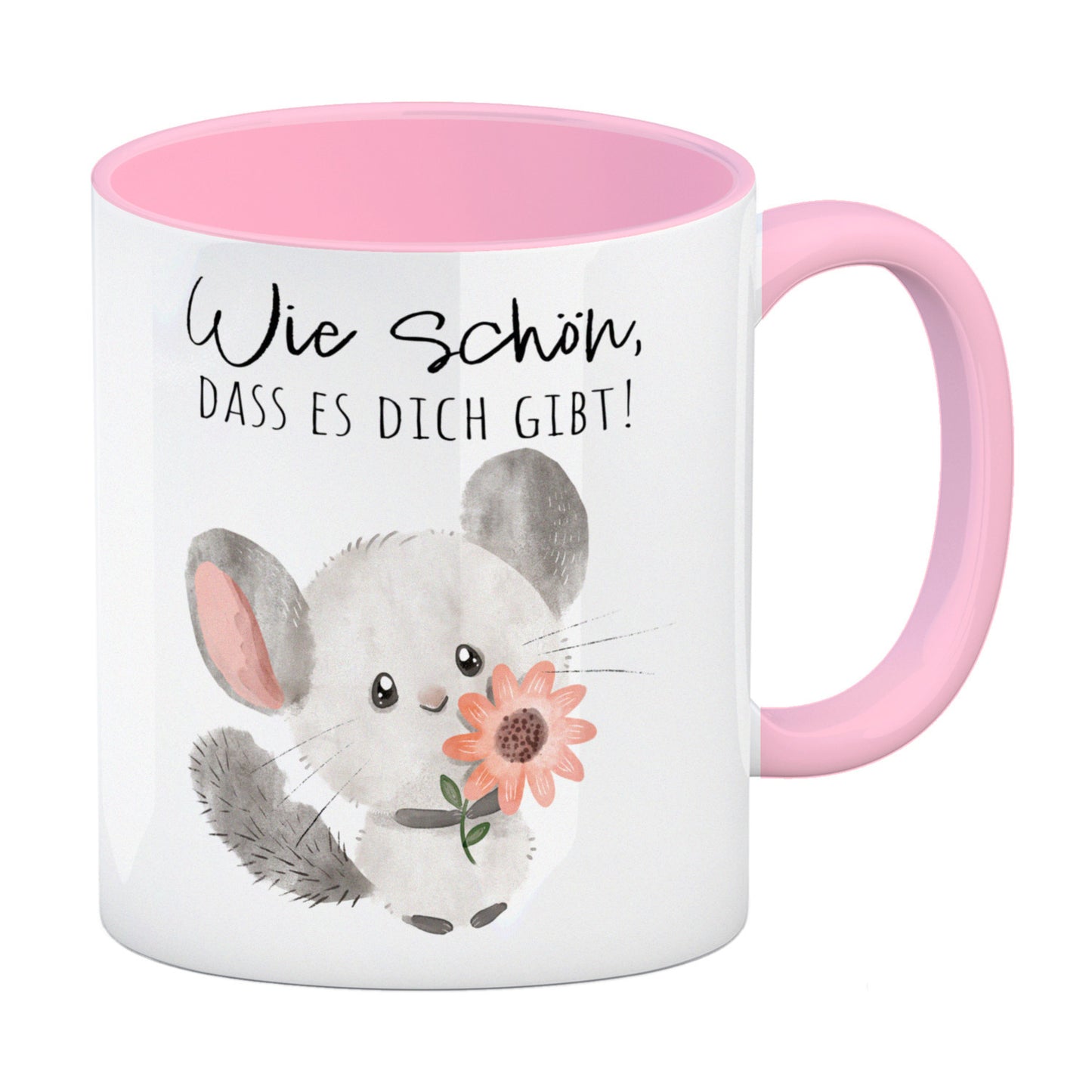 Chinchilla Kaffeebecher in rosa mit Spruch Wie schön dass es dich gibt