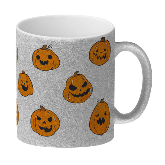 Glitzer-Kaffeebecher im Halloween Design - mit vielen lustigen geschnitzten Kürbisköpfen