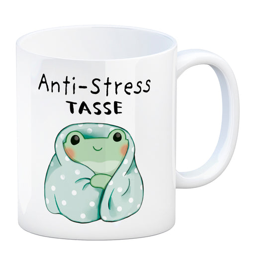 Frosch in blauer Decke mit Spruch Anti-Stress Tasse