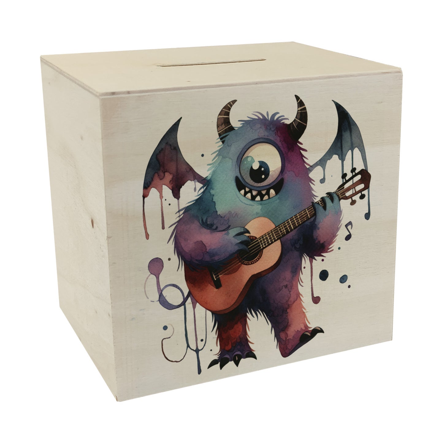 Freches Monster mit Gitarre Spardose aus Holz