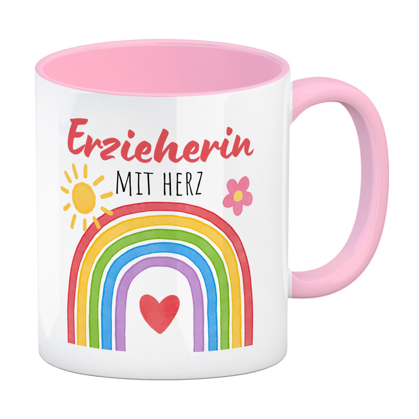 Regenbogen Kaffeebecher in rosa mit Spruch Erzieherin mit Herz