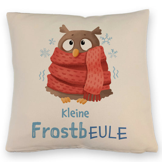 Kleine Frostbeule Kissen mit Leinenoptik mit Spruch niedlicher Eule