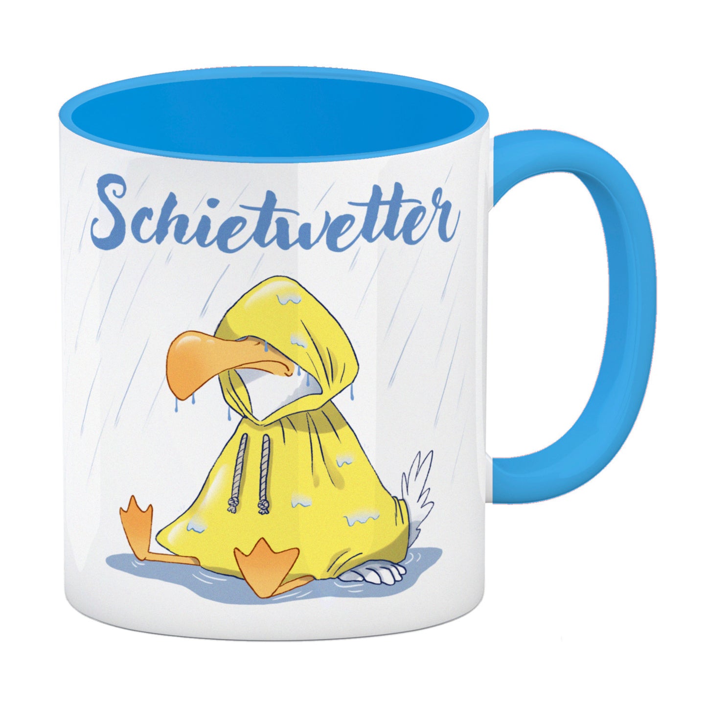 Möwe Kaffeebecher in hellblau mit Spruch Schietwetter