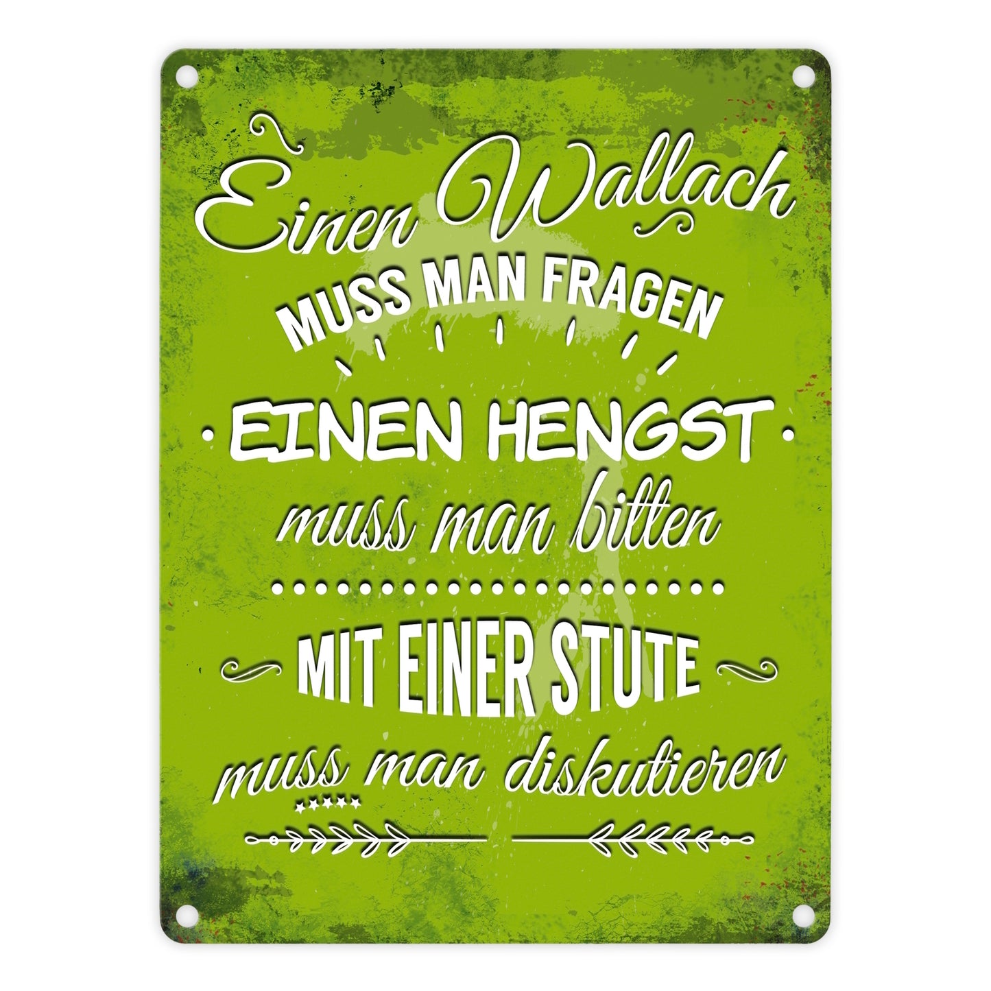 Metallschild mit Reiter Motiv und Spruch: Einen Wallach muss man fragen, ...