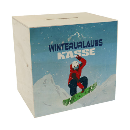 Winterurlaubskasse Spardose aus Holz mit coolem Snowboarder