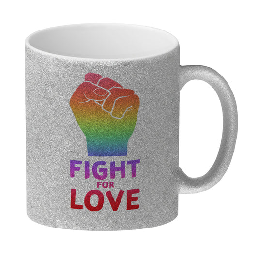 Fight for Love Glitzer-Kaffeebecher mit Faust in Regenbogenfarben