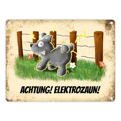 Metallschild mit elektrisierendem Motiv und Spruch: Achtung! Elektrozaun!