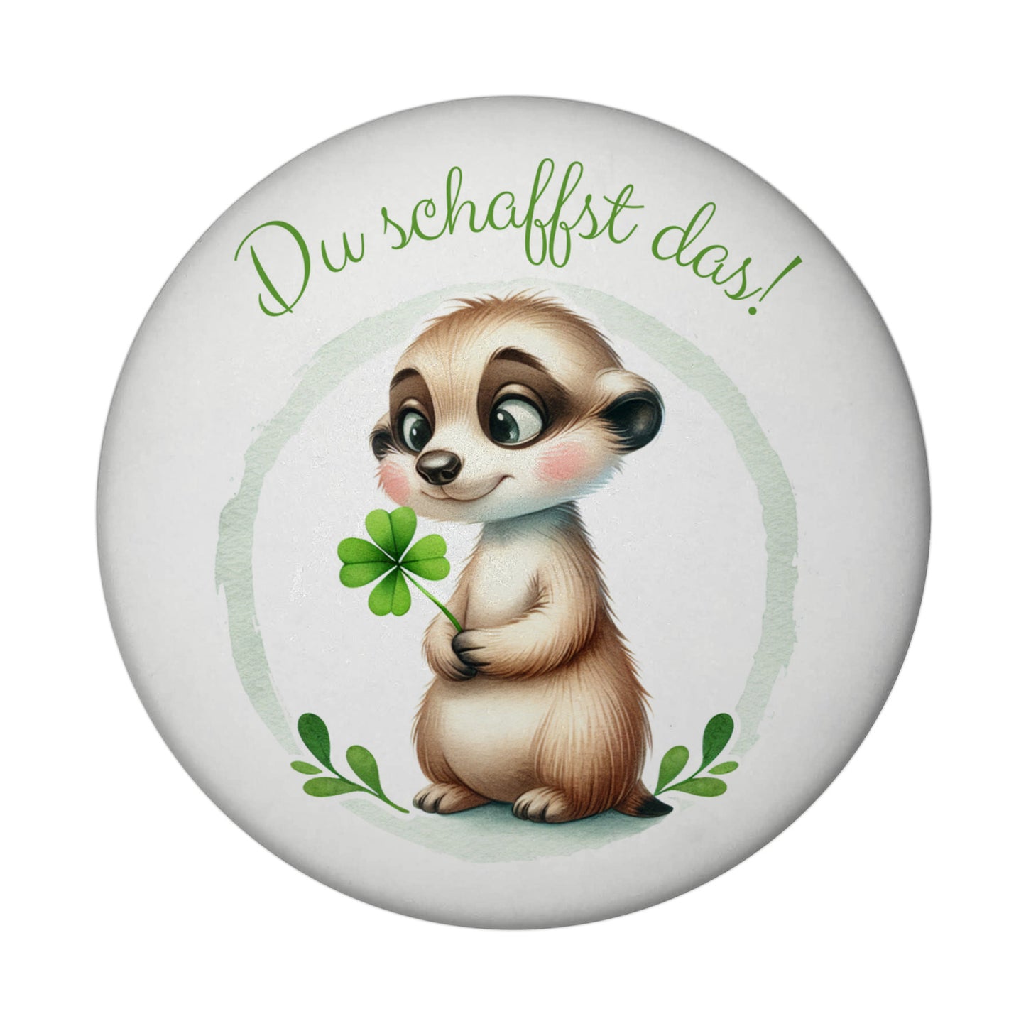 Erdmännchen mit Kleeblatt Magnet rund mit Spruch Du schaffst das