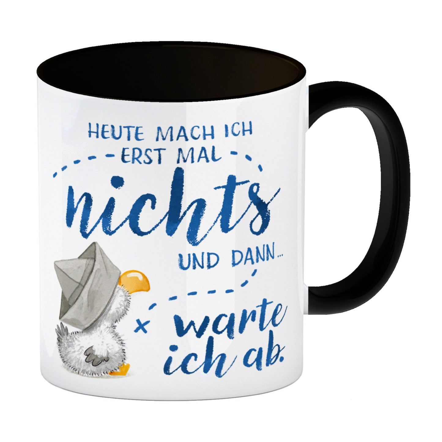 Möwe Kaffeebecher in schwarz mit Spruch Heute mach ich erst mal nichts