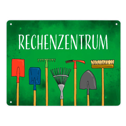 Rechenzentrum Metallschild XL in 21x28 cm mit Gartengeräten