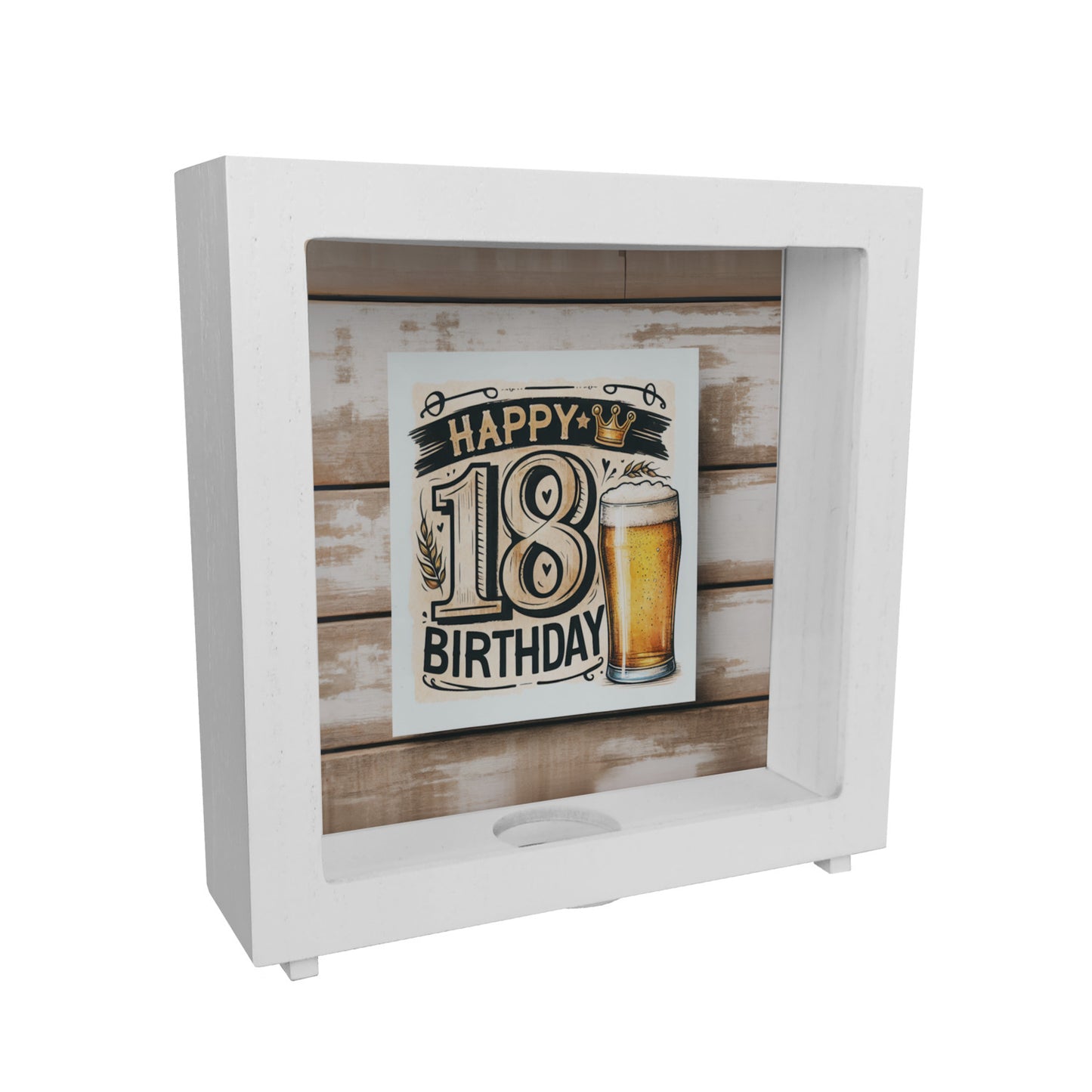 18. Geburtstag Bier Rahmen Spardose aus Holz mit Spruch Happy Birthday 18