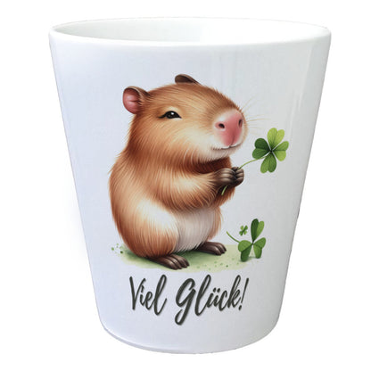 Capybara mit Kleeblatt Blumentopf mit Spruch Viel Glück