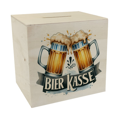 Bier Spardose aus Holz mit Spruch Bier Kasse