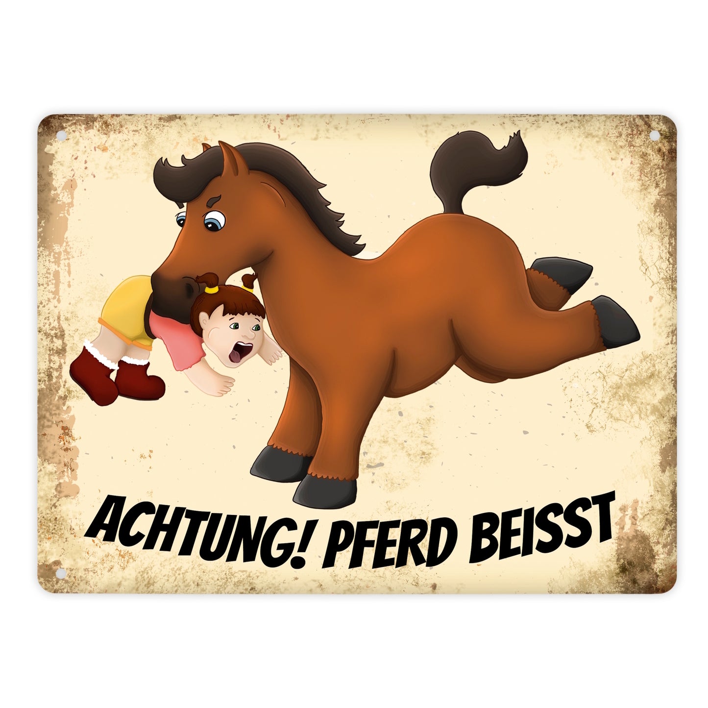 Metallschild XL mit Pferde Motiv und Spruch: Achtung! Pferd beisst