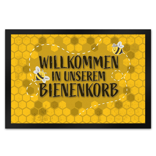 Willkommen in unserem Bienenkorb - Fußmatte XL mit summenden Bienen und Honigwabenmotiv