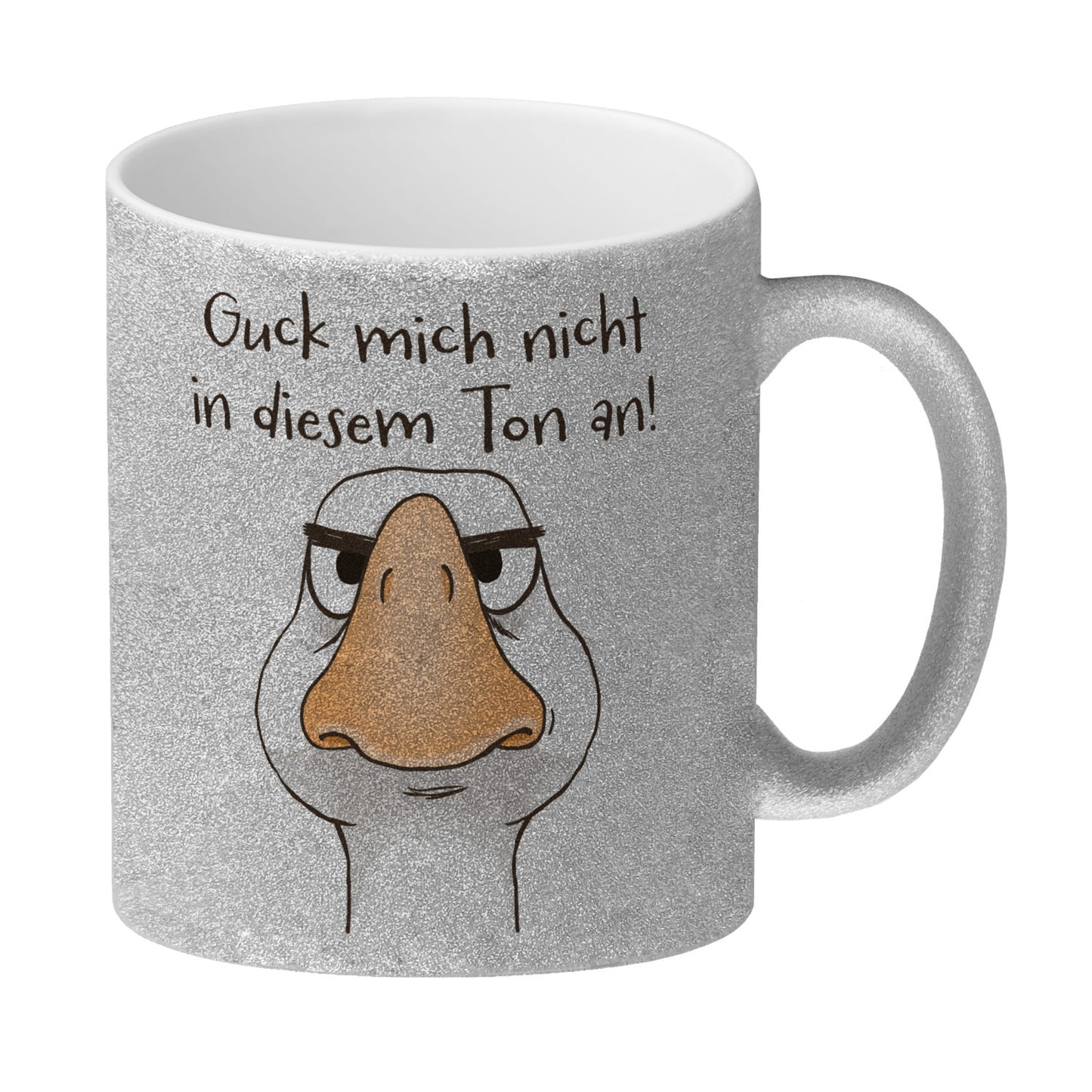 Gilbert die Gans Glitzer-Kaffeebecher mit Spruch Guck mich nicht in diesem Ton an