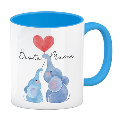 Elefant Mutter und Kind Kaffeebecher in hellblau mit Spruch Beste Mama