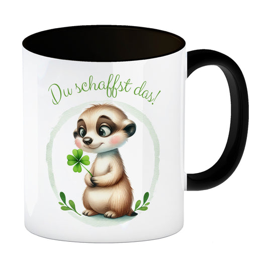 Erdmännchen mit Kleeblatt Kaffeebecher in schwarz mit Spruch Du schaffst das