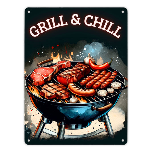 Grill Metallschild XL in 21x28 cm mit Spruch Grill und Chill