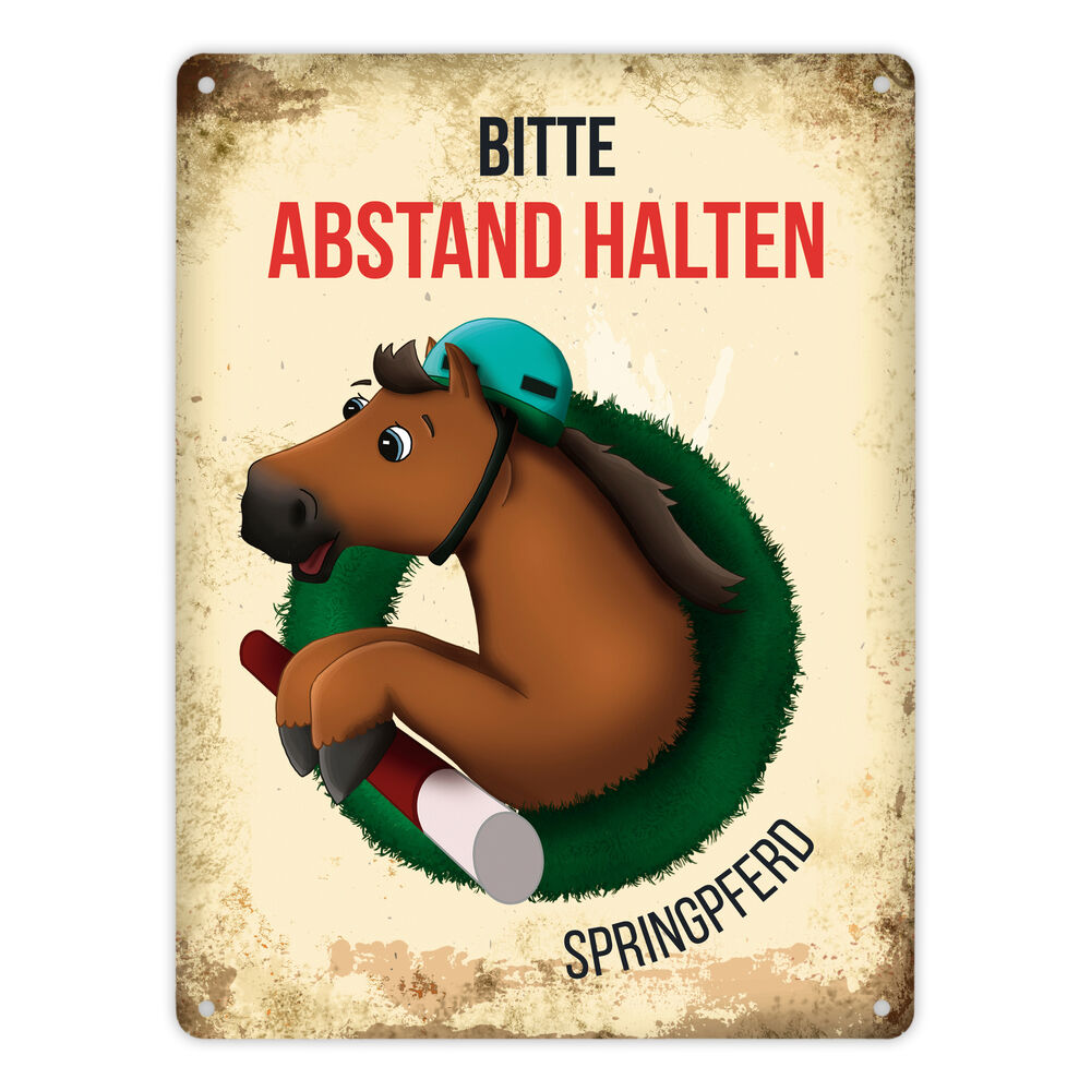 Metallschild XL mit braunem Springpferd Motiv und Spruch: Bitte Abstand halten - Springpferd