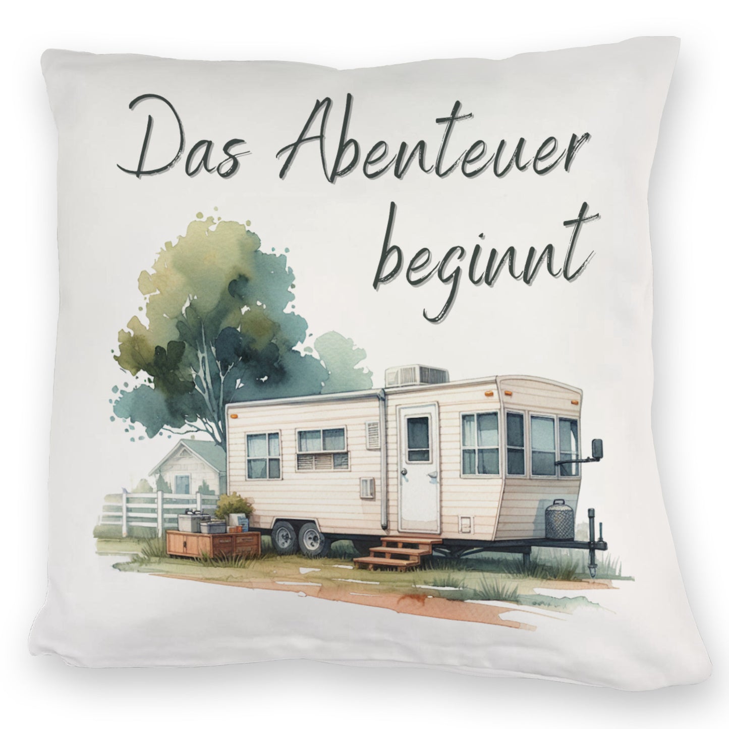 Wohnwagen Kuschelkissen mit Spruch Das Abenteuer beginnt