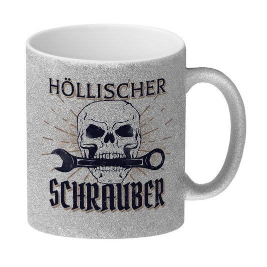 Höllischer Schrauber Glitzer-Kaffeebecher mit Totenkopf und Schraubenschlüssel Motiv