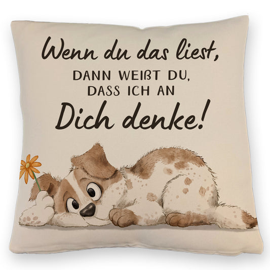 Hund Kissen mit Leinenoptik mit Spruch Ich denke an dich